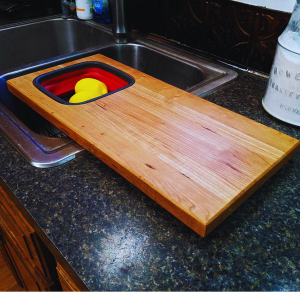 Over the Sink Cherry Wood Edge Grain Cutting Board with Colander and Clear Rubber Grip Feet