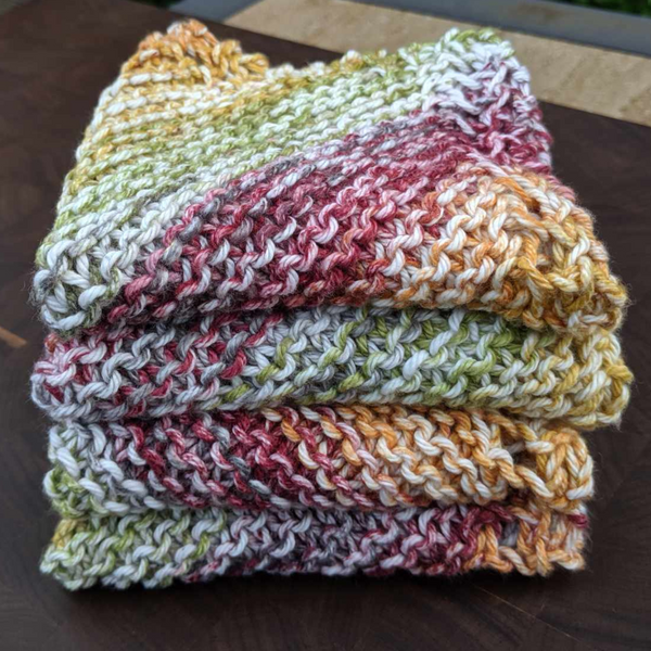 Set of Four Ombre Hand-Knit Washcloths, 100% Cotton Dishrags, Maroon, Mustard Yellow, Sage Green, and White