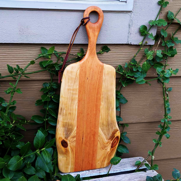 Cherry Wood Charcuterie Board With Handle & Leather Strap Wooden Serving Tray