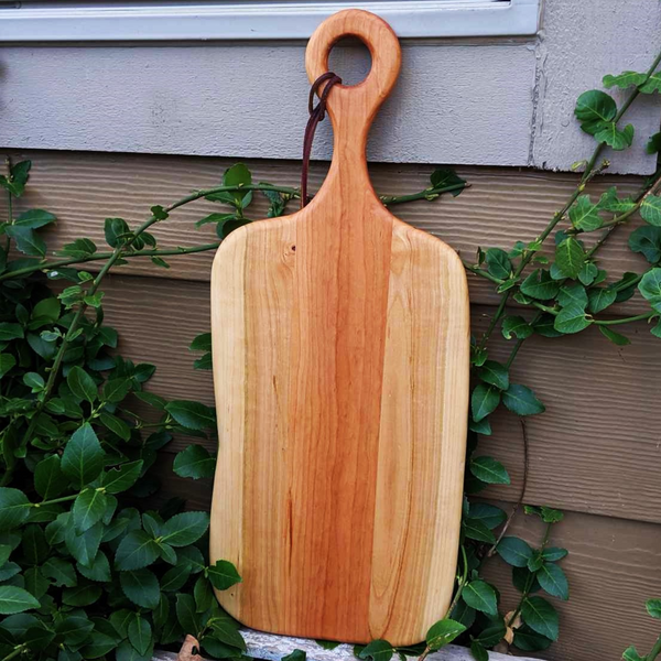 Cherry Wood Charcuterie Board With Handle & Leather Strap Wooden Serving Tray