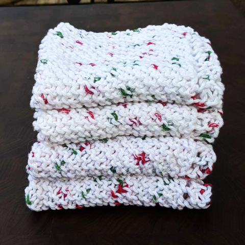 Four Hand-Knit Washcloths, 100% Cotton Dishrags, "Holly Jolly" Christmas Red, Green, & White