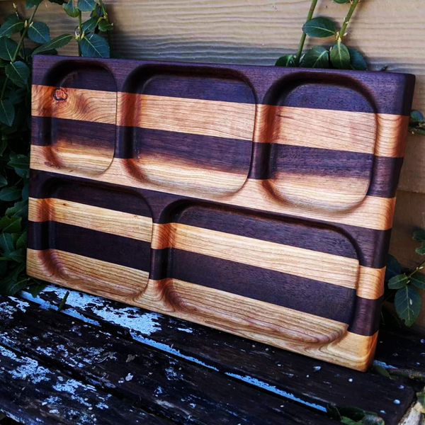 Cherry Wood & Black Walnut Wooden Divided Food Plate with Compartments, Dinner Trays