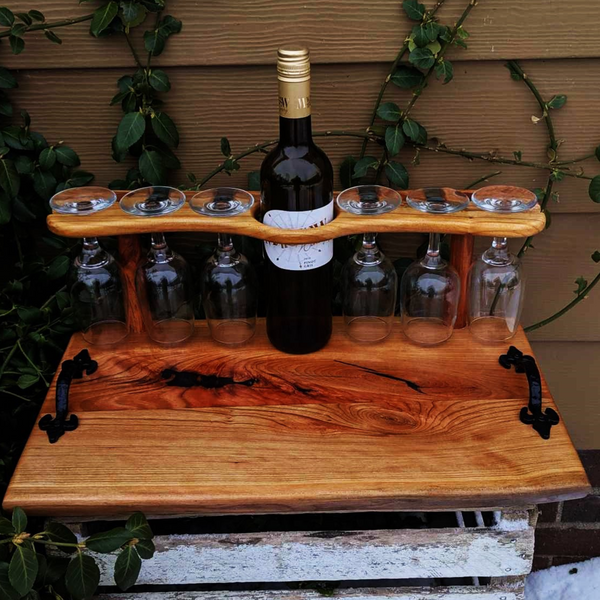 Spalted Cherry Wood Wine Charcuterie Board with Six Wine Glasses, Cast Iron Handles, & Clear Rubber Grip Feet