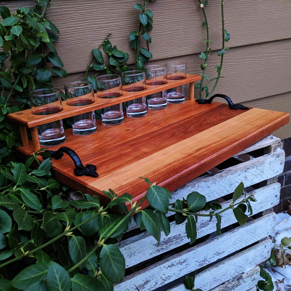 Spalted Cherry Wood Beer Flight Charcuterie Board with 5.5 oz. Taster Glasses, Stainless Steel Sauce Cups, Cast Iron Handles, & Clear Rubber Grip Feet