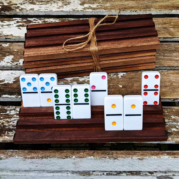 Set of FOUR Mini Black Walnut Wood Domino Holders with 3 Angled Domino Slots, Set of 4 Small Wooden Domino Rack Stands.