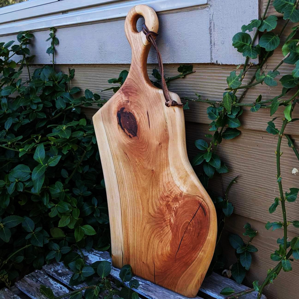 Large Cherry Wood Charcuterie Board With Handle & Leather Strap Wooden Serving Tray