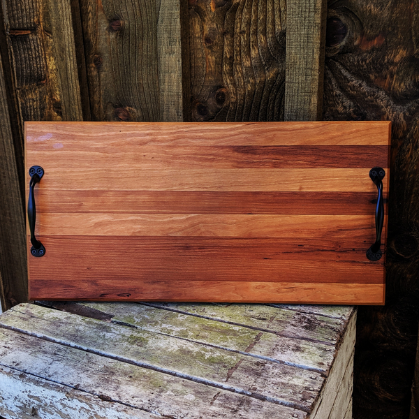 Spalted Cherry Wood Charcuterie Board with Sturdy Cast Iron Handles & Clear Rubber Grip Feet Wooden Cheese Serving Tray