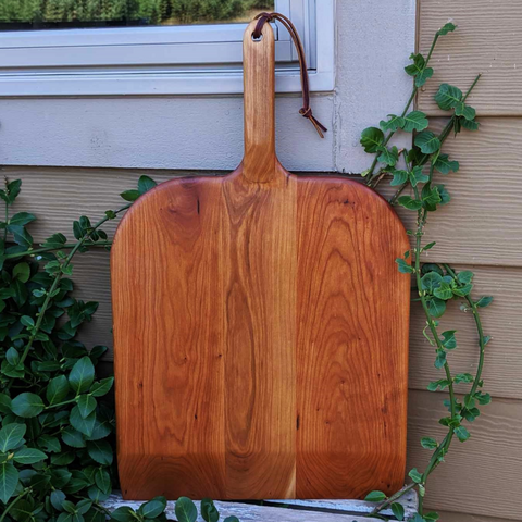 Cherry Wood Pizza Peel with Wooden Handle & Leather Strap for Storage