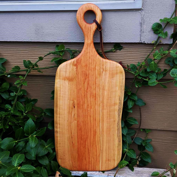 Cherry Wood Charcuterie Board With Handle & Leather Strap Wooden Serving Tray