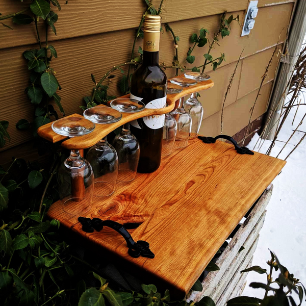 Spalted Cherry Wood Wine Charcuterie Board with Six Wine Glasses, Cast Iron Handles, & Clear Rubber Grip Feet