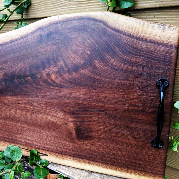 Black Walnut Wood Charcuterie Board / Wooden Serving Tray With Heavy Duty Cast Iron Handles & Clear Rubber Feet