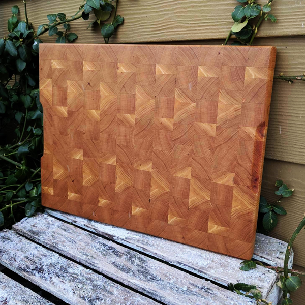 Cherry Wood End Grain Cutting Board with Hand Grooves on Sides & Beveled Edge, Wooden Butcher Block Board