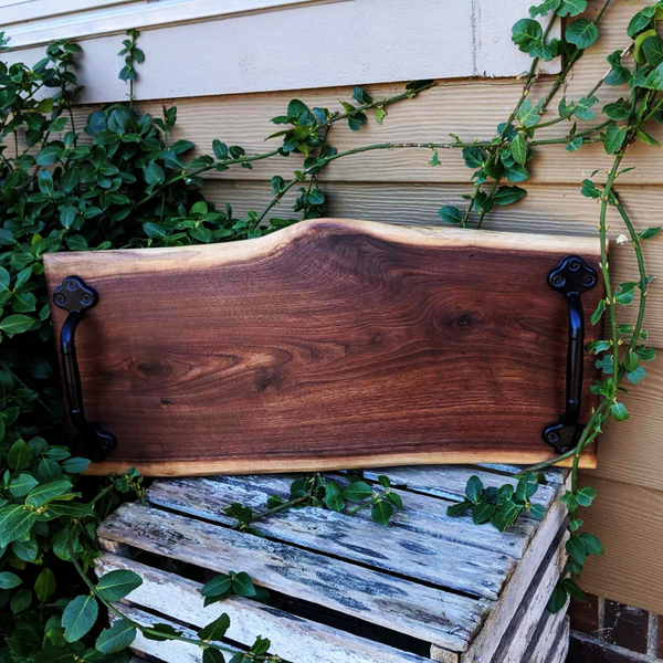 Black Walnut Wood Charcuterie Board / Wooden Serving Tray With Heavy Duty Cast Iron Handles & Clear Rubber Feet