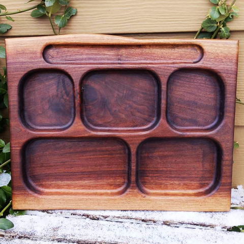 Black Walnut Wood Divided Food Plate with Compartments, Wooden Dinner Tray