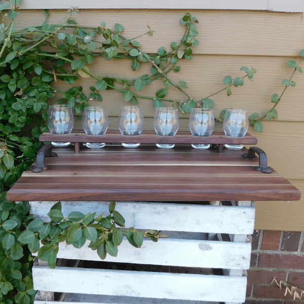 Black Walnut Beer Flight Charcuterie Board with Luminarc Barlow 5.5 oz. Taster Glasses, Cast Iron Handles, & Clear Rubber Grip Feet - Springhill Millworks