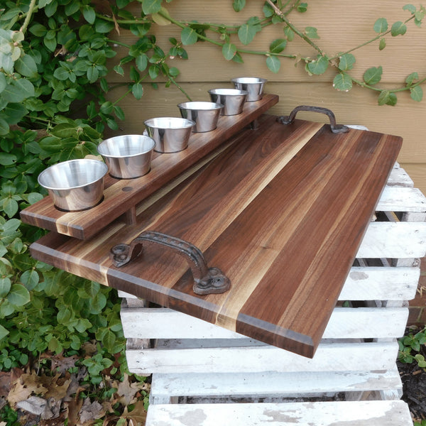 Black Walnut Beer Flight Charcuterie Board with Luminarc Barlow 5.5 oz. Taster Glasses, Cast Iron Handles, & Clear Rubber Grip Feet - Springhill Millworks