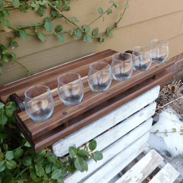 Black Walnut Beer Flight Charcuterie Board with Luminarc Barlow 5.5 oz. Taster Glasses, Cast Iron Handles, & Clear Rubber Grip Feet - Springhill Millworks