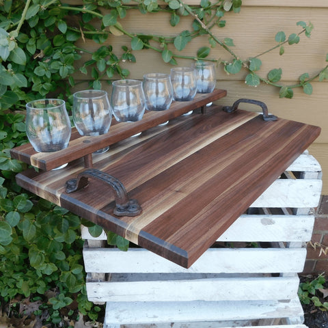 Black Walnut Beer Flight Charcuterie Board with Luminarc Barlow 5.5 oz. Taster Glasses, Cast Iron Handles, & Clear Rubber Grip Feet - Springhill Millworks