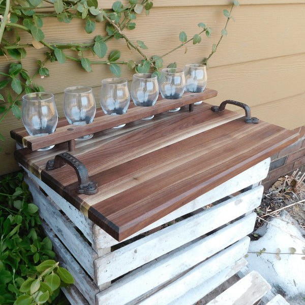 Black Walnut Beer Flight Charcuterie Board with Luminarc Barlow 5.5 oz. Taster Glasses, Cast Iron Handles, & Clear Rubber Grip Feet - Springhill Millworks