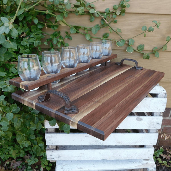 Black Walnut Beer Flight Charcuterie Board with Luminarc Barlow 5.5 oz. Taster Glasses, Cast Iron Handles, & Clear Rubber Grip Feet - Springhill Millworks