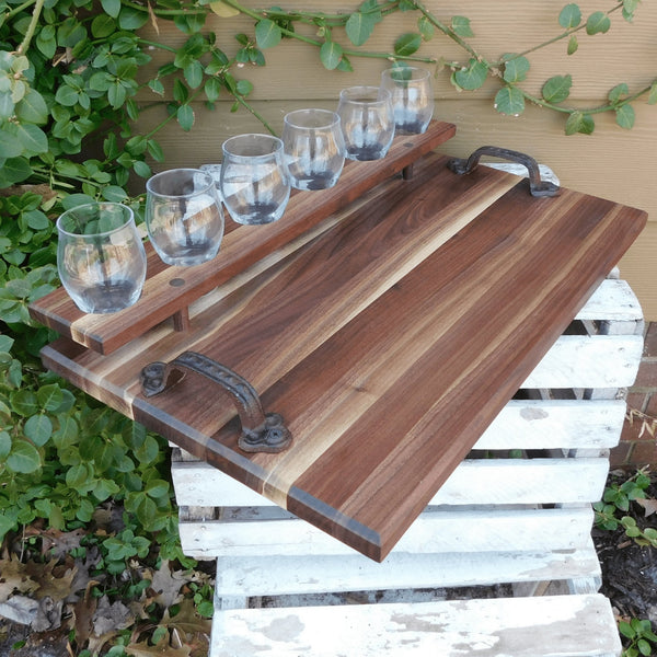 Black Walnut Beer Flight Charcuterie Board with Luminarc Barlow 5.5 oz. Taster Glasses, Cast Iron Handles, & Clear Rubber Grip Feet - Springhill Millworks