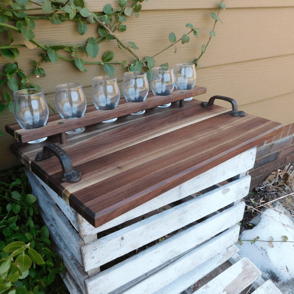 Black Walnut Beer Flight Charcuterie Board with Luminarc Barlow 5.5 oz. Taster Glasses, Cast Iron Handles, & Clear Rubber Grip Feet - Springhill Millworks