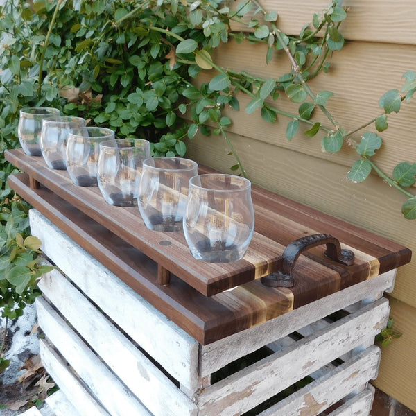 Black Walnut Beer Flight Charcuterie Board with Luminarc Barlow 5.5 oz. Taster Glasses, Cast Iron Handles, & Clear Rubber Grip Feet - Springhill Millworks