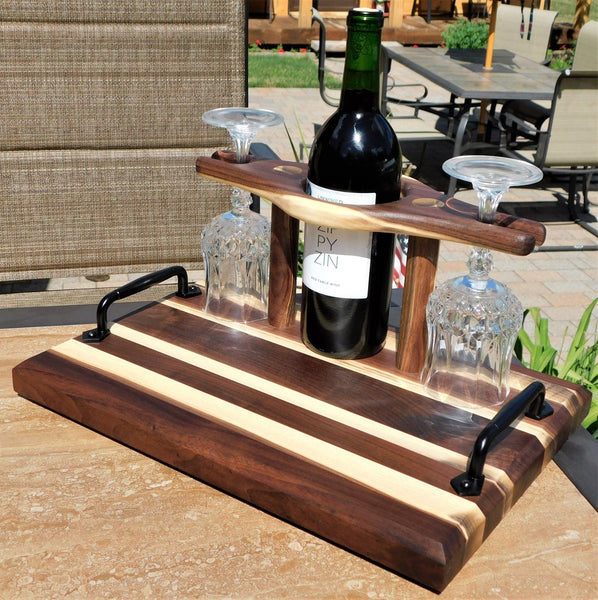 Black Walnut Butcher Block Style Wine Caddy Cutting Board with Wine Glasses - Springhill Millworks