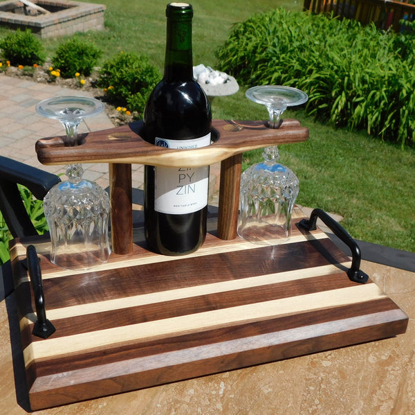 Black Walnut Butcher Block Style Wine Caddy Cutting Board with Wine Glasses - Springhill Millworks