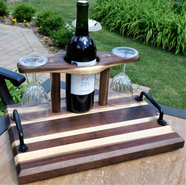 Black Walnut Butcher Block Style Wine Caddy Cutting Board with Wine Glasses - Springhill Millworks