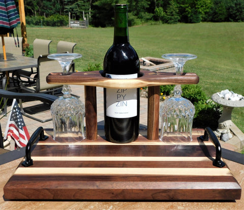 Black Walnut Butcher Block Style Wine Caddy Cutting Board with Wine Glasses - Springhill Millworks