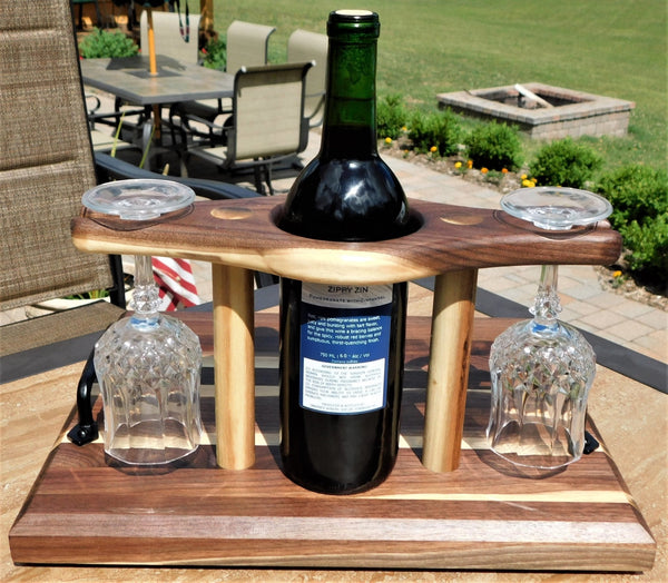 Black Walnut Butcher Block Style Wine Caddy Cutting Board with Wine Glasses - Springhill Millworks