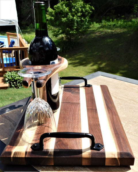 Black Walnut Butcher Block Style Wine Caddy Cutting Board with Wine Glasses - Springhill Millworks