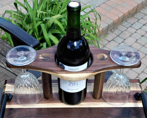 Black Walnut Butcher Block Style Wine Caddy Cutting Board with Wine Glasses - Springhill Millworks