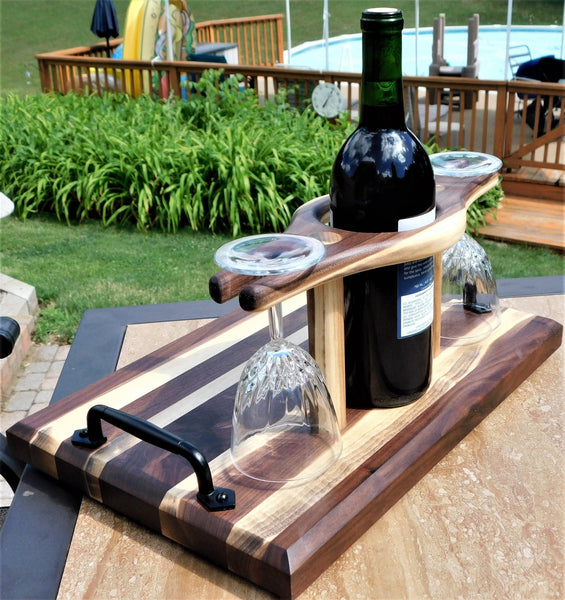 Black Walnut Butcher Block Style Wine Caddy Cutting Board with Wine Glasses - Springhill Millworks