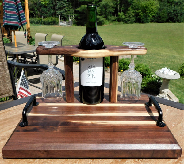 Black Walnut Butcher Block Style Wine Caddy Cutting Board with Wine Glasses - Springhill Millworks