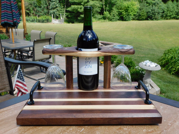 Black Walnut Butcher Block Style Wine Caddy Cutting Board with Wine Glasses - Springhill Millworks