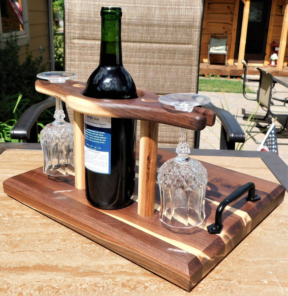 Black Walnut Butcher Block Style Wine Caddy Cutting Board with Wine Glasses - Springhill Millworks