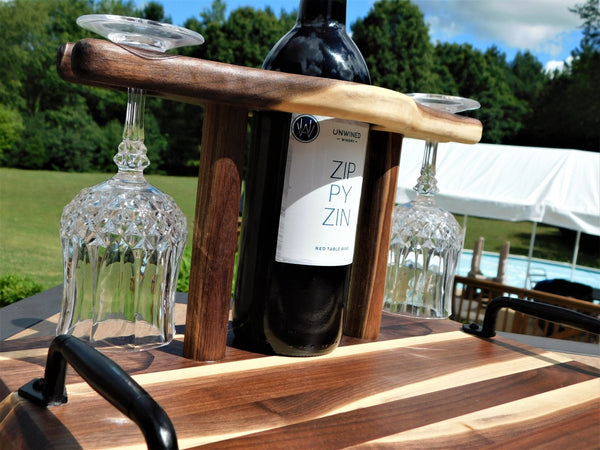 Black Walnut Butcher Block Style Wine Caddy Cutting Board with Wine Glasses - Springhill Millworks