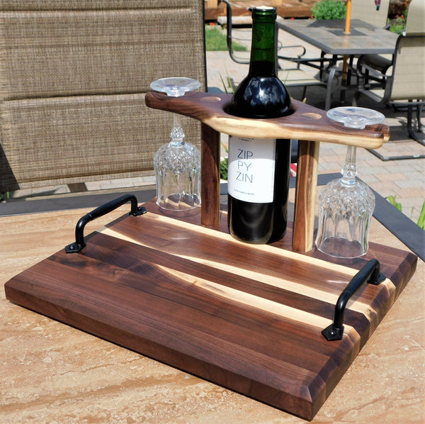 Black Walnut Butcher Block Style Wine Caddy Cutting Board with Wine Glasses - Springhill Millworks