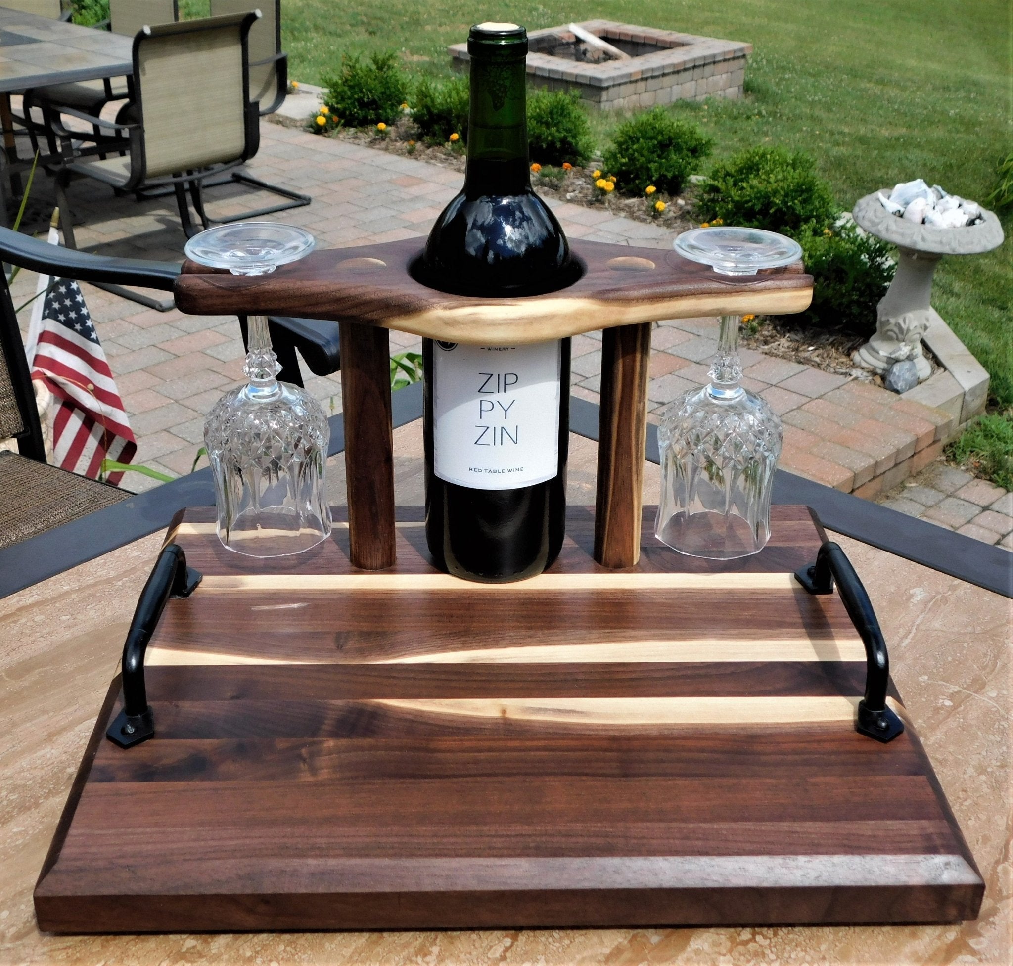 Black Walnut Butcher Block Style Wine Caddy Cutting Board with Wine Glasses - Springhill Millworks