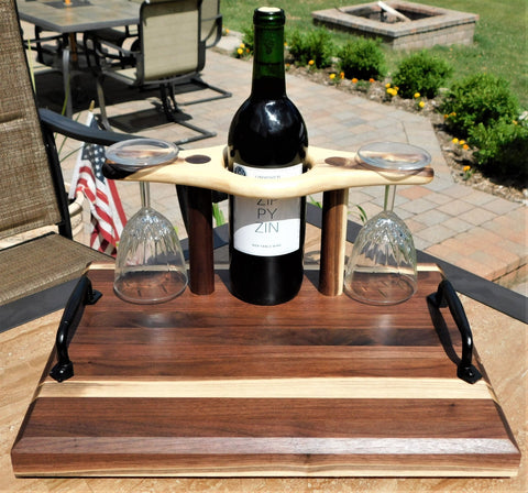 Black Walnut Butcher Block Style Wine Caddy Cutting Board with Wine Glasses - Springhill Millworks