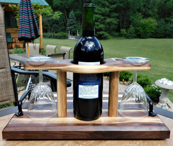 Black Walnut Butcher Block Style Wine Caddy Cutting Board with Wine Glasses - Springhill Millworks