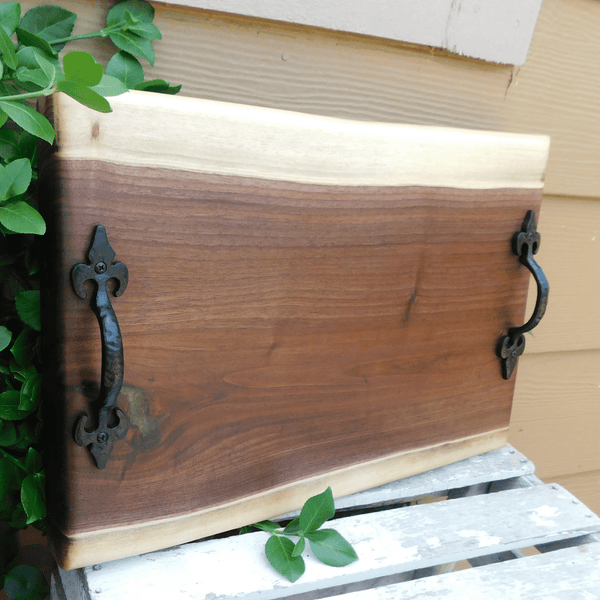 Black Walnut Charcuterie Board / Serving Tray With Heavy Duty Cast Iron Handles & Clear Rubber Feet - Springhill Millworks