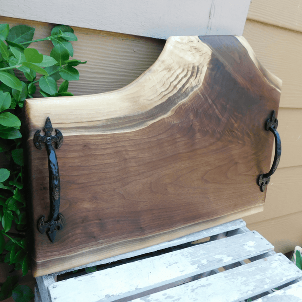 Black Walnut Charcuterie Board / Serving Tray With Heavy Duty Cast Iron Handles & Clear Rubber Feet - Springhill Millworks