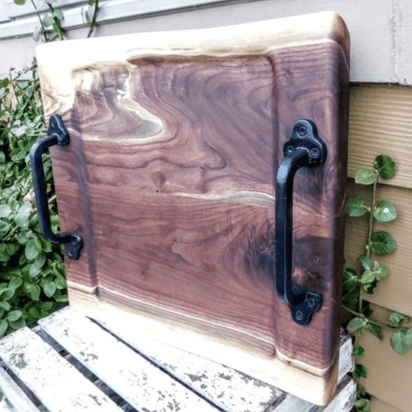 Black Walnut Charcuterie Board / Serving Tray With Heavy Duty Cast Iron Handles & Clear Rubber Feet - Springhill Millworks