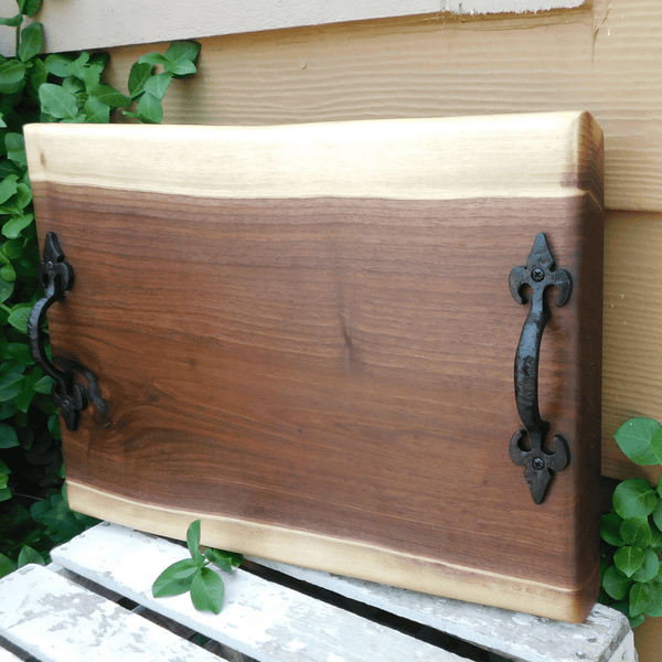 Black Walnut Charcuterie Board / Serving Tray With Heavy Duty Cast Iron Handles & Clear Rubber Feet - Springhill Millworks