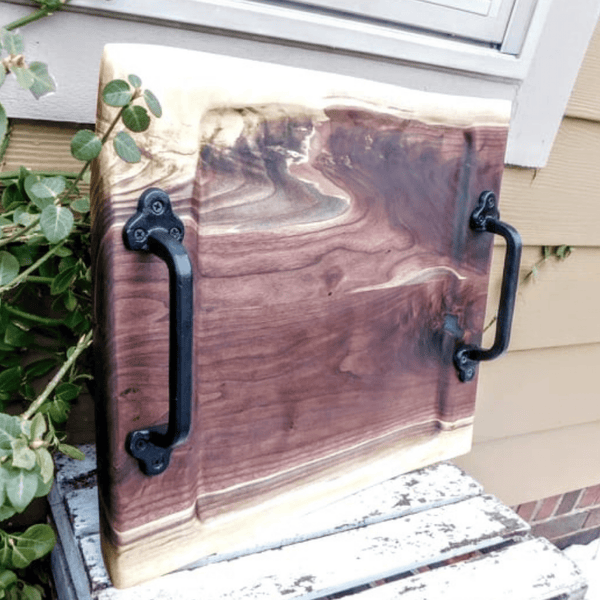 Black Walnut Charcuterie Board / Serving Tray With Heavy Duty Cast Iron Handles & Clear Rubber Feet - Springhill Millworks