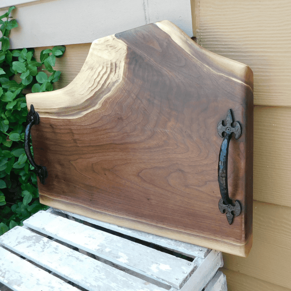 Black Walnut Charcuterie Board / Serving Tray With Heavy Duty Cast Iron Handles & Clear Rubber Feet - Springhill Millworks