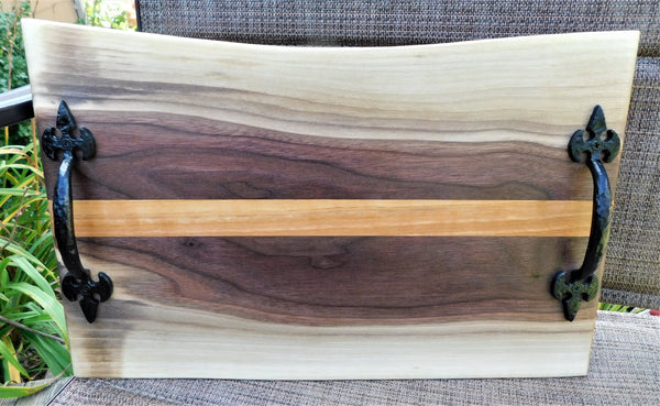 Black Walnut Charcuterie Board with Cherry Wood Accent Stripe, Wrought Iron Handles, & Clear Rubber Grip Feet - Springhill Millworks